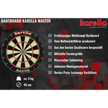 Dartscheibe Karella Master im Set inklusive 2 Satz Karella Steeldarts